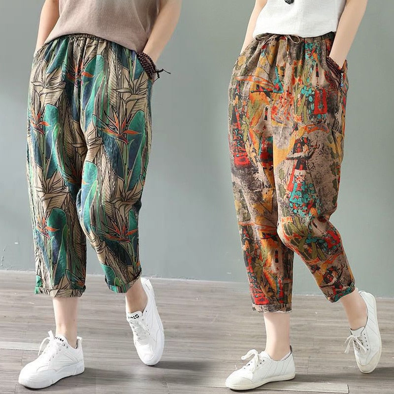 Unique Oversized Print Linen Silk Harem Pants Summer