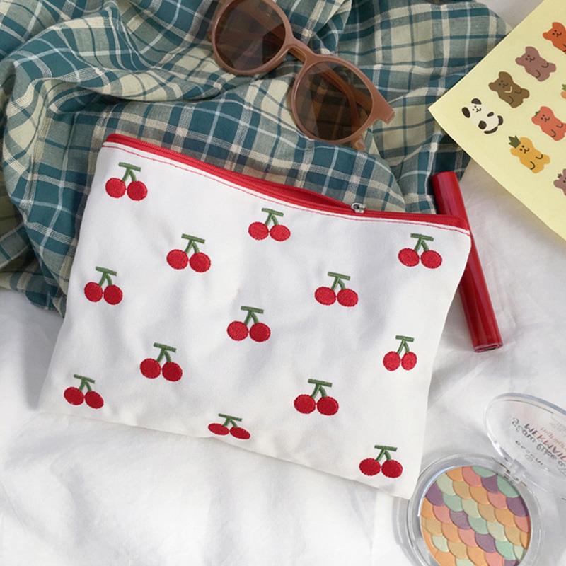 Canvas Cherry Embroidery Pencil Case