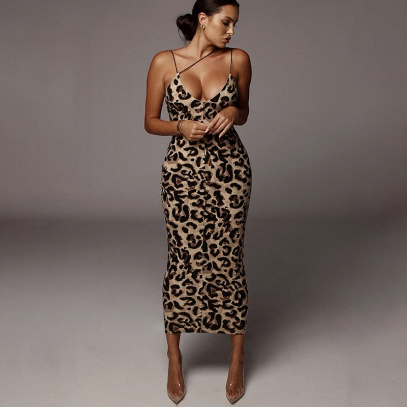 leopard print sleeveless V-neck dress