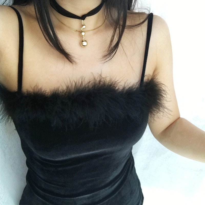 Sheath Bodycon Faux Fur Black Mini Dress