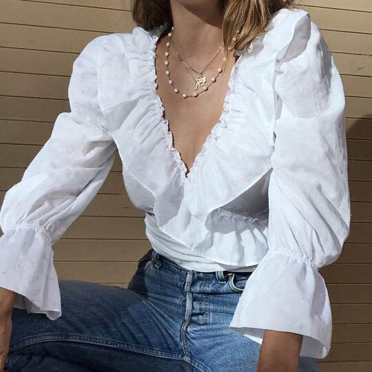 Ruffled V-Neck Crop Top Blouse