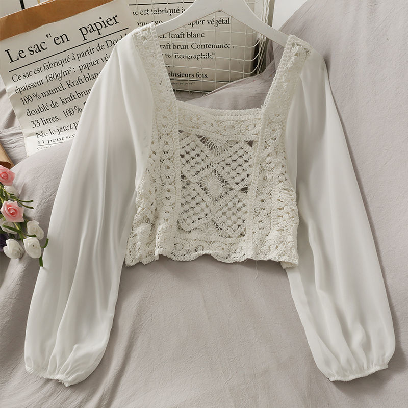 Chic Hollow Puff Square Slim Blouses