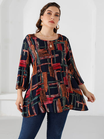 Three Quarter Sleeve Colorful Print Blouse