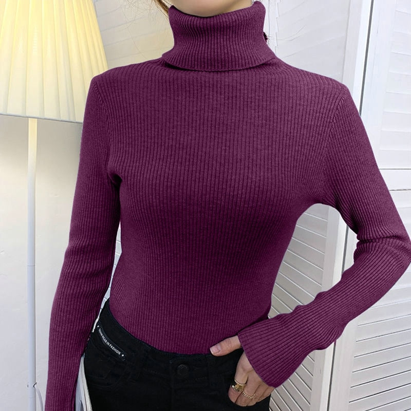 Women Turtleneck Sweater Solid Color